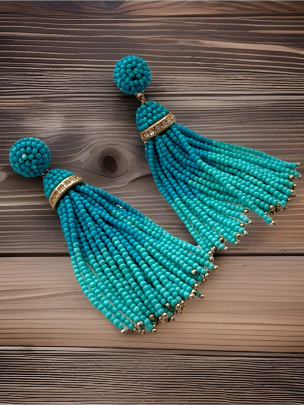 Vintage 90’s Turquoise Blue Seed Bead Tassel Dangle Earrings Boho Western Y2K